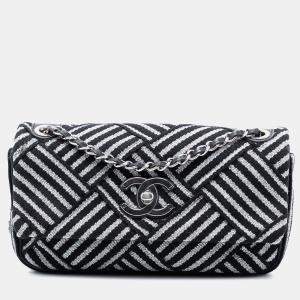 Pre Owned Chanel Black Silver CC Canvas Stripe Flap