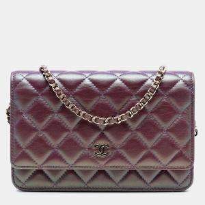 Pre Owned Chanel Purple CC Quilted Iridescent Lambskin Wallet on Chain
