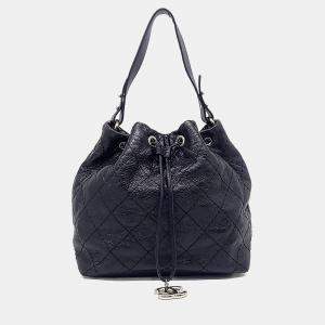 Pre Owned Chanel Black Leather On the Road Drawstring Bag