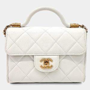 Pre Owned Chanel White Caviar Leather Top Handle Mini Crossbody Bag