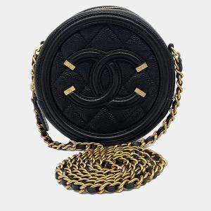 Pre Owned Chanel Black Caviar Leather Round Mini Crossbody Bag
