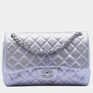 Pre Owned Chanel Purple Jumbo Classic Metallic Lambskin Double Flap