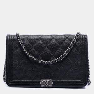 Pre Owned Chanel Black Quilted Caviar Boy Wallet on Chain