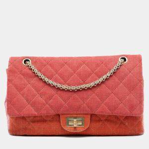 Pre Owned Chanel Orange Red Tricolor Quilted Denim Reissue 2.55 Double Flap 227