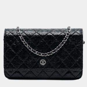 Pre Owned Chanel Black CC Quilted Crinkled Patent Wallet On Chain