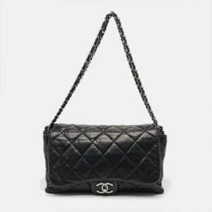 Pre Owned Chanel Accordion Flap Black Quilted Leather Bag