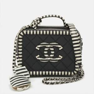 Pre Owned Chanel CC Filigree Striped Vanity Case Small Black/White Quilted Caviar Leather Bag