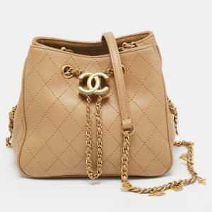 Pre Owned Chanel Egyptian Amulet Beige Quilted Leather Drawstring Bucket Bag