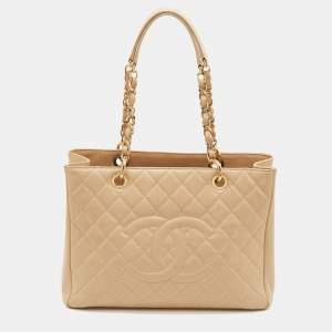 Pre Owned Chanel GST Beige Quilted Caviar Leather Grand Shopping Tote