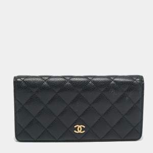 Pre Owned Chanel L Yen Black Caviar Quilted Leather Bifold Wallet