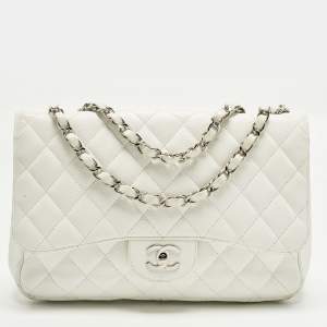 Pre Owned Chanel Classic Single Flap Jumbo White Quilted Caviar Leather Flap Bag