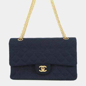 Pre Owned Chanel Blue Medium Classic Jersey Double Flap