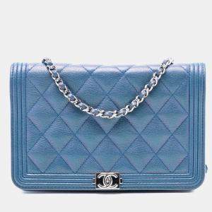 Pre Owned Chanel Blue Quilted Calfskin Boy Wallet on Chain