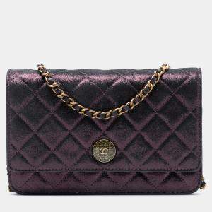 Pre Owned Chanel Purple Quilted Iridescent Lambskin Tartan Button Wallet On Chain