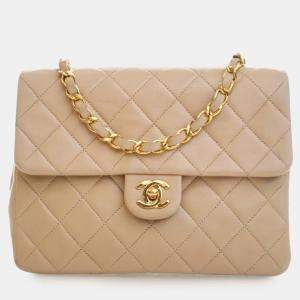 Pre Owned Chanel Beige Small Square Quilted Lambskin Flap