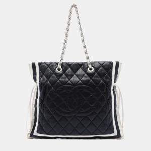 Pre Owned Chanel Black White Paris Venice Quilted Lambskin Lido Tote