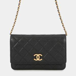 Pre Owned Chanel Chain Wallet Matelasse Black Caviar Leather
