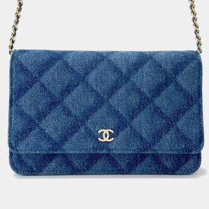 Pre Owned Chanel Classic Chain Wallet Blue Denim Leather