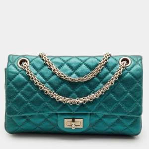 Pre Owned Chanel 2.55 Reissue 225 Teal Blue Quilted Metallic Leather Flap Bag
