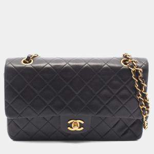Pre Owned Chanel Matelasse Double Flap Shoulder Bag In Lambskin Leather Black