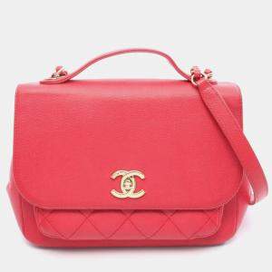 Pre Owned Chanel Business Affinity Matelasse Shoulder Bag In Calfskin Leather Red