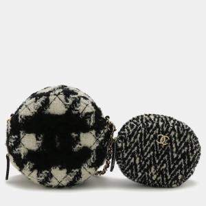 Pre Owned Chanel Round Chain Shoulder Pochette In Houndstooth Tweed With Boa Ivory And Black