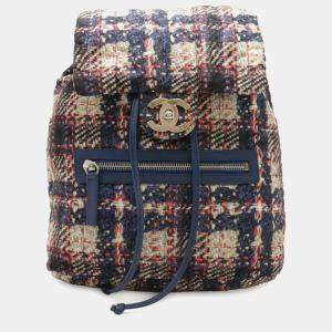 Pre Owned Chanel Tweed Print Coco Mark Chain Shoulder Backpack Nylon Blue Pink