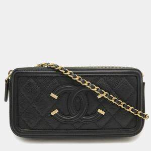 Pre Owned Chanel Cc Filigree Chain Wallet Shoulder Bag Pochette Clutch Caviar Leather Black