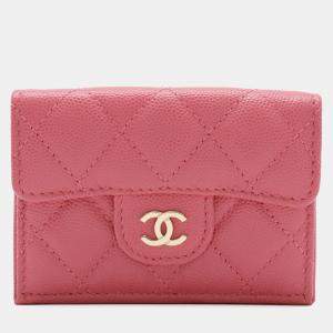 Pre Owned Chanel Classic Small Flap Wallet Matelasse Coco Mark Tri-Fold Caviar Leather Pink