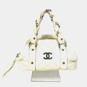 Pre Owned Chanel Bubble Quilt Cc Coco Mark Chain Boston Bag Handbag Leather Beige
