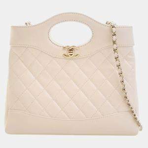 Pre Owned Chanel White Mini Shiny Lambskin 31 Shopping Bag
