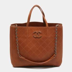 Pre Owned Chanel CC Brown Quilted Caviar Leather Shopper Tote