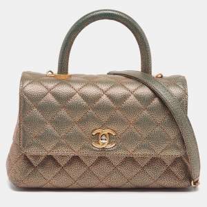 Pre Owned Chanel Coco Mini Metallic Quilted Caviar Leather Top Handle Bag