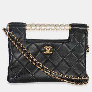 Pre Owned Chanel 25P Black Shiny Quilted Lambskin Pearl Small Shopping Bag