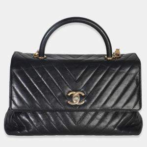 Pre Owned Chanel Black Chevron Aged Calfskin Large Coco Top Handle Bag
