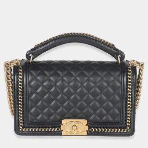 Pre Owned Chanel Black Quilted Calfskin Interwoven Chain Top Handle Boy Bag