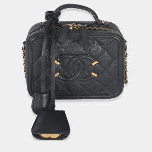 Pre Owned Chanel Black Quilted Caviar Small CC Filigree Vanity Case