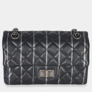 Pre Owned Chanel Black Quilted Aged Calfskin Glitter Stripe Mini Reissue 2.55 Flap Bag