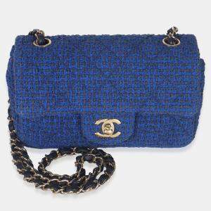 Pre Owned Chanel Electric Blue Tweed Mini Rectangular Flap Bag