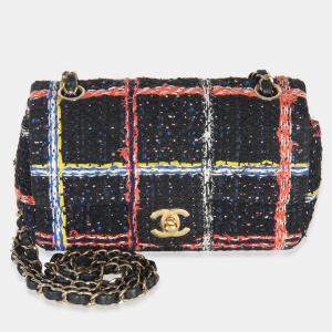 Pre Owned Chanel Black Multicolor Quilted Tweed Mini Rectangular Flap Bag