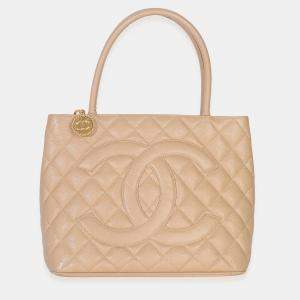Pre Owned Chanel Beige Quilted Caviar Medallion Tote