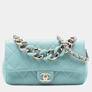Pre Owned Chanel Blue Small Lambskin Elegant Chain Single Flap