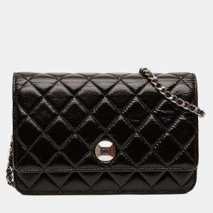 Pre Owned Chanel Black CC Quilted Crinkled Patent Wallet On Chain