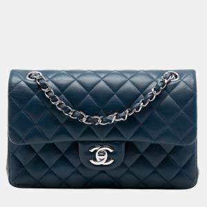 Pre Owned Chanel Blue Small Classic Lambskin Double Flap
