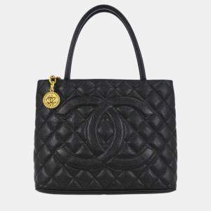 Pre Owned Chanel Black Calfskin Medallion Tote Handbag