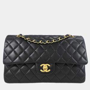 Pre Owned Chanel Black Lambskin Medium Classic Double Flap Shoulder Bag