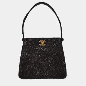 Pre Owned Chanel Black Satin Lace Handbag