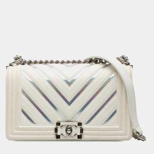 Pre Owned Chanel White Old Medium Chevron Lambskin and Iridescent PVC Boy Flap