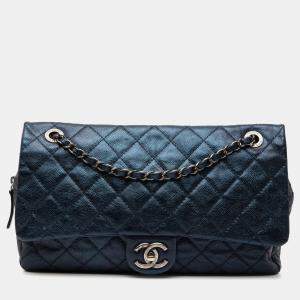 Pre Owned Chanel Blue Jumbo Quilted Iridescent Caviar Easy Flap