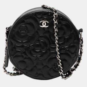 Pre Owned Chanel Black Goatskin Camellia Round Clutch with Chain